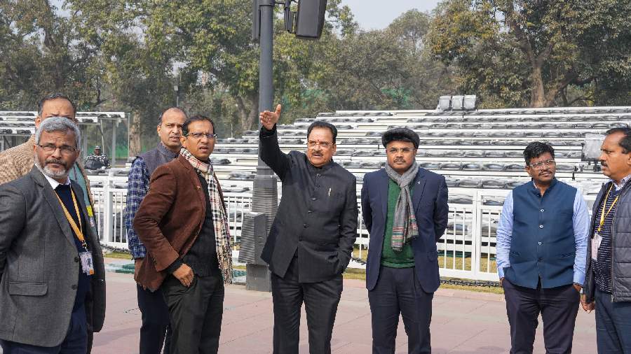Minister of State for Defence Ajay Bhatt inspects preprations for the Republic Day Parade 2023 at the Kartavya Path. 