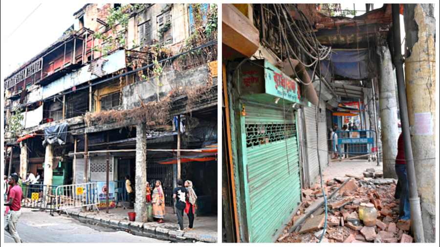 The Bowbazar market, part of whose balcony collapsed on a footpath along BB Ganguly Street on Friday morning