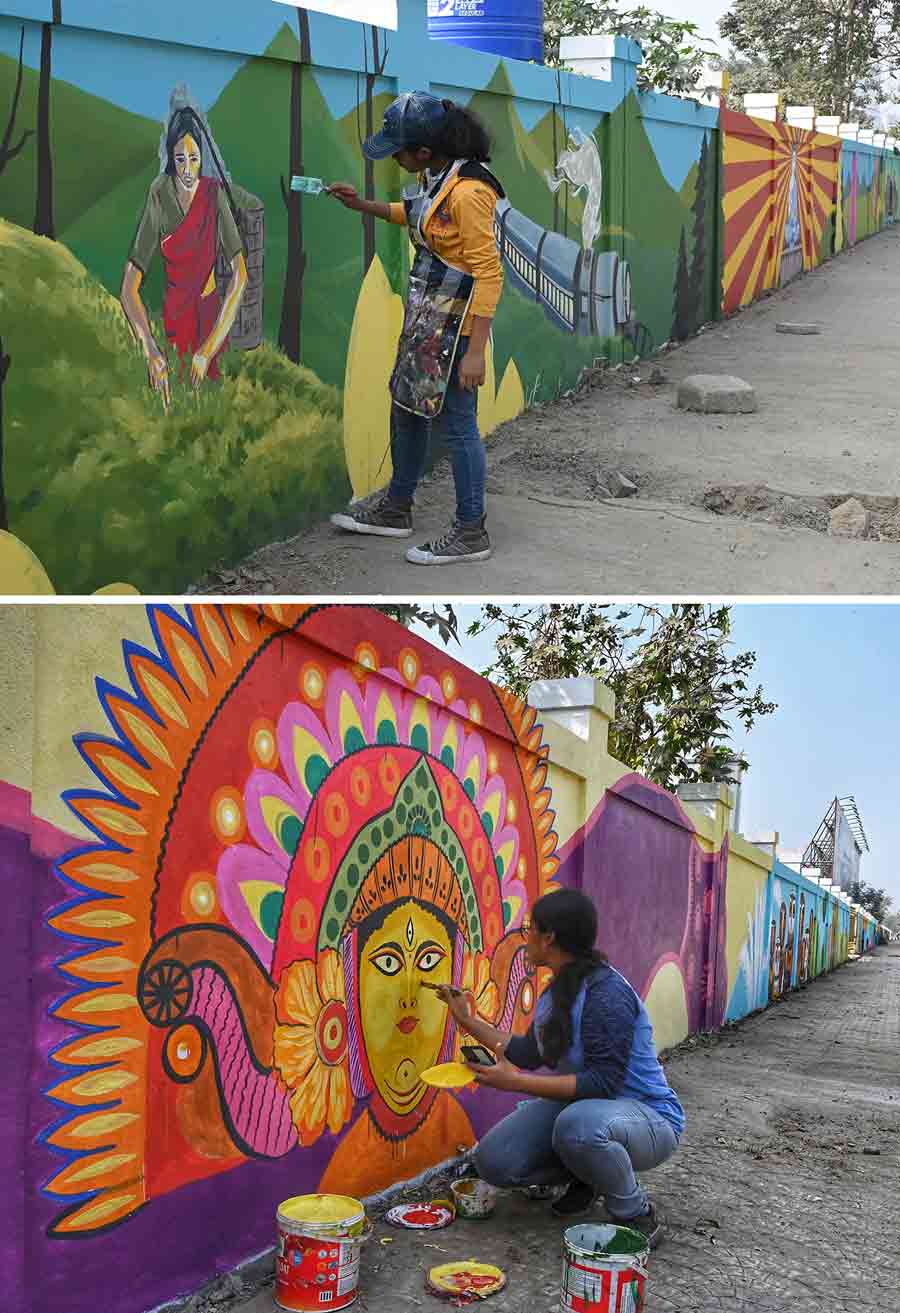 Artists paint wall graffitis in New Town in preparation for the upcoming G20 summit scheduled to take place in Kolkata between January 9 to 11. Foreign delegates will arrive in the city to attend at least three meetings related to the summit