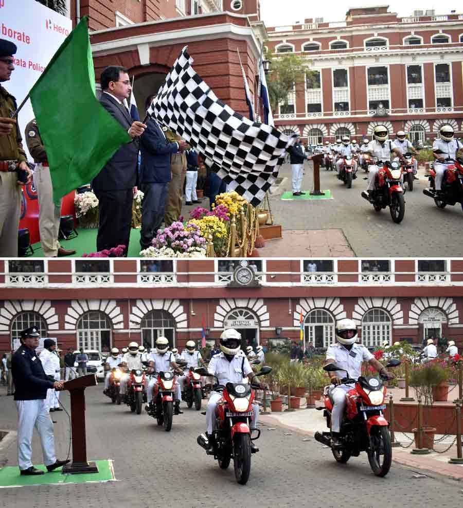 Kolkata police commissioner, Vineet Kumar Goyal, flags off a fleet of motorcycles at Lalbazar on Saturday. The automobiles will be allocated to different police stations. The initiative was a collaboration between Kolkata Police and Hero MotoCorp with a goal to promote the safety of women