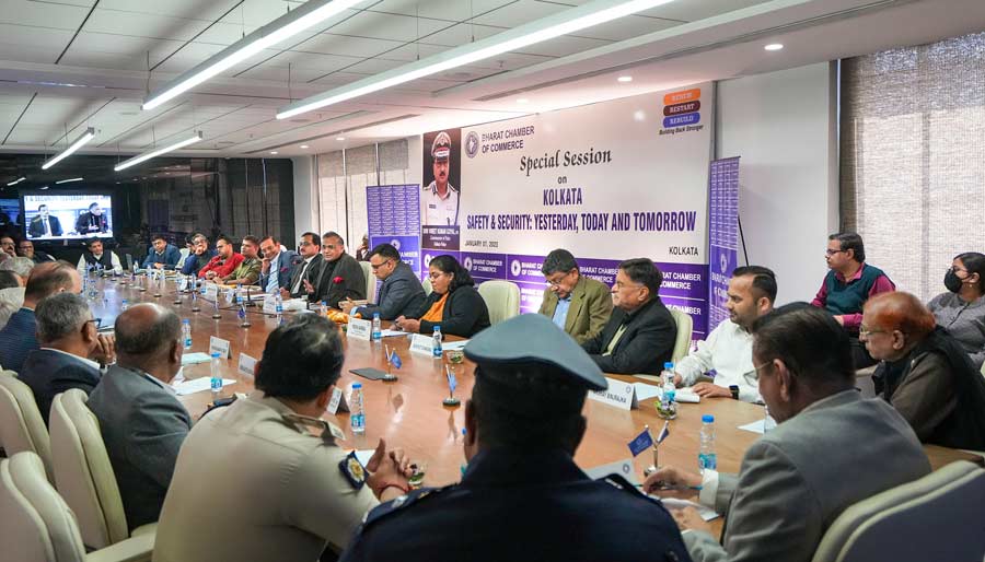 Vineet Kumar Goyal, Kolkata police commissioner, addresses the audience during a special interactive session on ‘Safety and Security-Yesterday, Today & Tomorrow’ at the Bharat Chamber of Commerce in Kolkata on Saturday