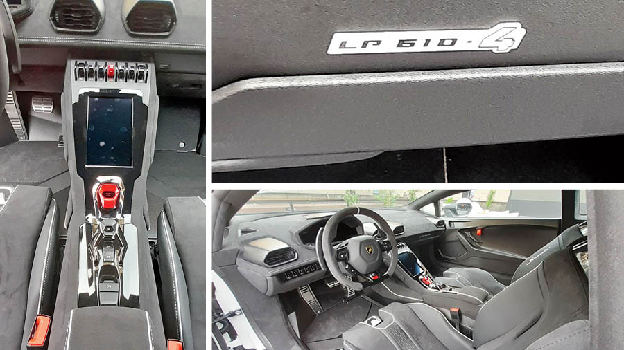 The interior is typical Huracan but there has been an effort to save weight. So the seat positioning is manual and there are lightweight materials all around and there are straps to yank to open the doors rather than handles. The seats are essentially lightweight carbon fibre tubs with the right cushioning and contouring. The central console (left) has the usual setup with the infotainment screen, gear selector, starter button and brake. The drive mode selector is on the steering wheel. It has a 610hp V10 and all wheel drive as the moniker shows.