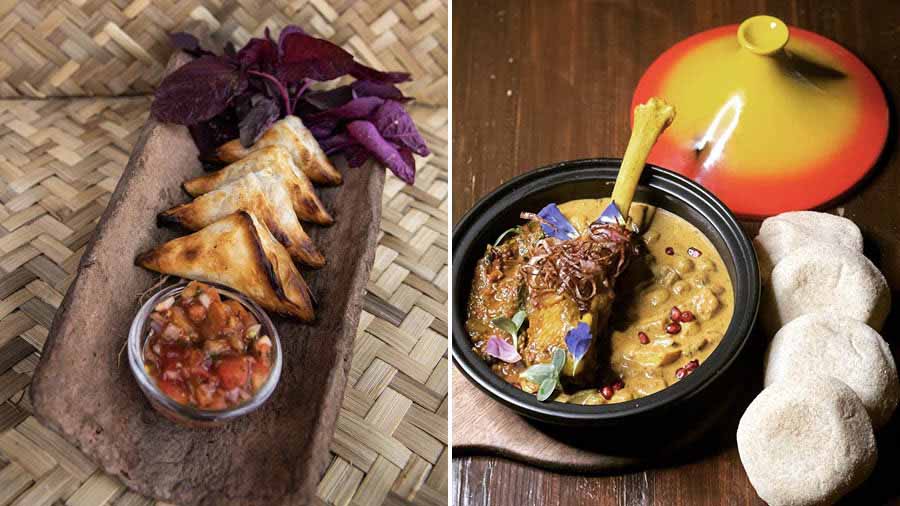 Cavatina’s version of the Greek filo-pastry Spanakopita has cashew butter and tambdi bhaji, instead of spinach and feta. (Right) Lamb Shank Tagine Sukkha uses a recipe by the nomadic Dangar community and is served with homemade mini poie bread