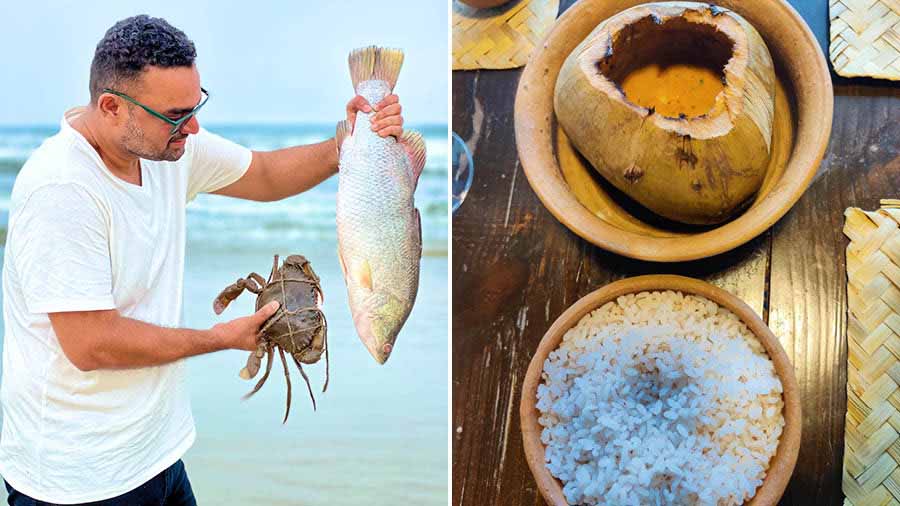 ‘There are so many things in common between Bengalis and Goans… football, music and love for fish,’ says Avinash. The chef, who spent six months in Kolkata, was inspired by Daab Chingri and created a dish called ‘Prawns who Drank the Feni’, which comes in a daab and is flambéd with feni