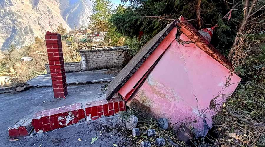 A temple collapses after the gradual 'sinking' of Joshimath in Chamoli district of Uttarakhand, in Joshimath.