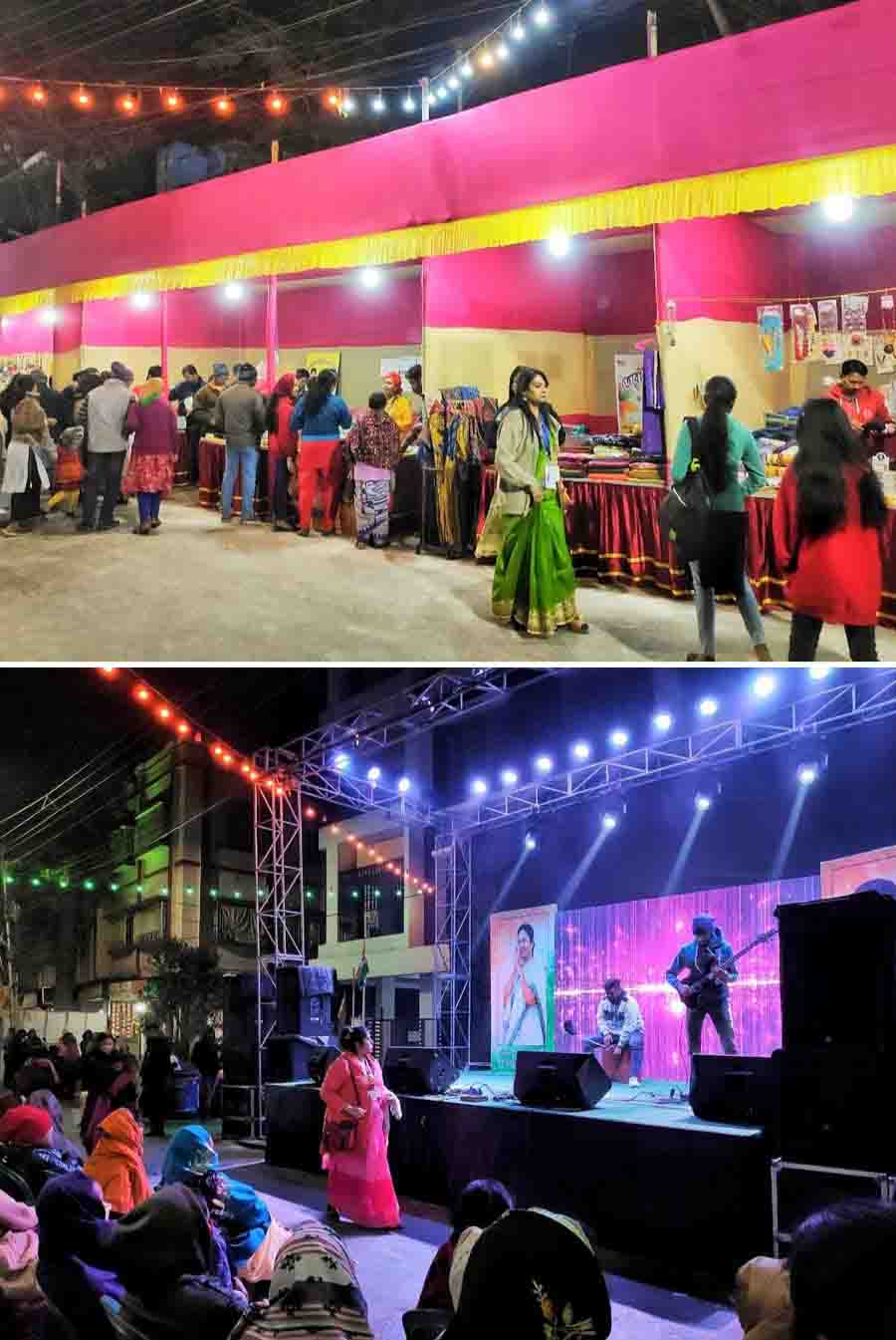 People enjoy a wintry evening at Poush Utsav in Baghajatin on Sunday