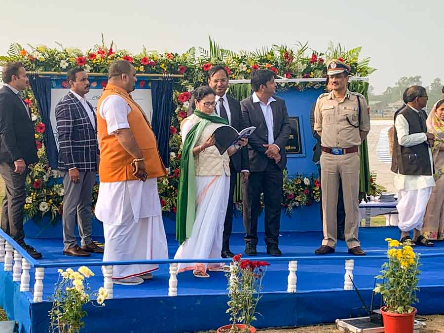 Chief minister Mamata Banerjee at the inauguration of three helipads on Sagar Island in South 24-Parganas on Wednesday, January 4
