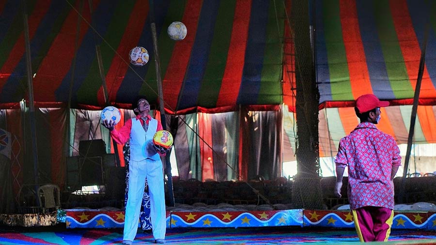 Abdul Khan (left), now the most senior artiste at Ajanta Circus, joined the circus company when he was 10