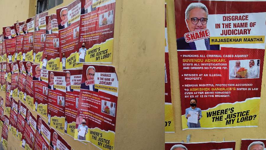 Posters outside Justice Rajasekhar Mantha's Jodhpur Park residence