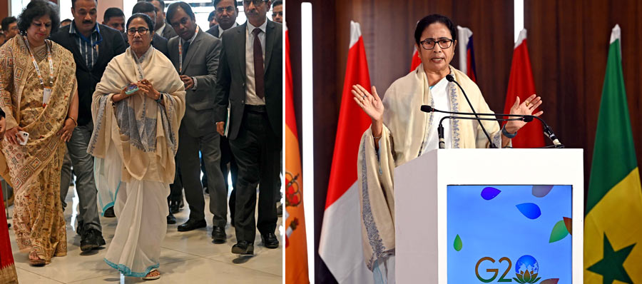West Bengal chief minister Mamata Banerjee at the event on Monday. The CM addressed the guests and delegates and expressed her happiness in hosting the G20 meeting in the state. Banerjee pointed out that her government had ensured financial inclusion of women and people of vulnerable sections through digital transfers. 