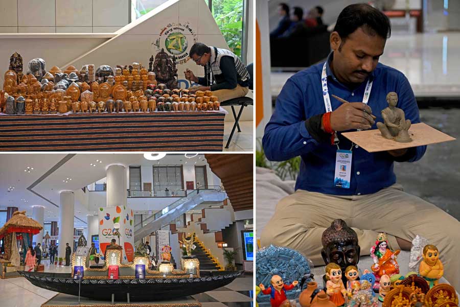 Several exhibits were on display on the first day of the G20 meeting. Artists were seen lending finishing touches to their artwork at the venue