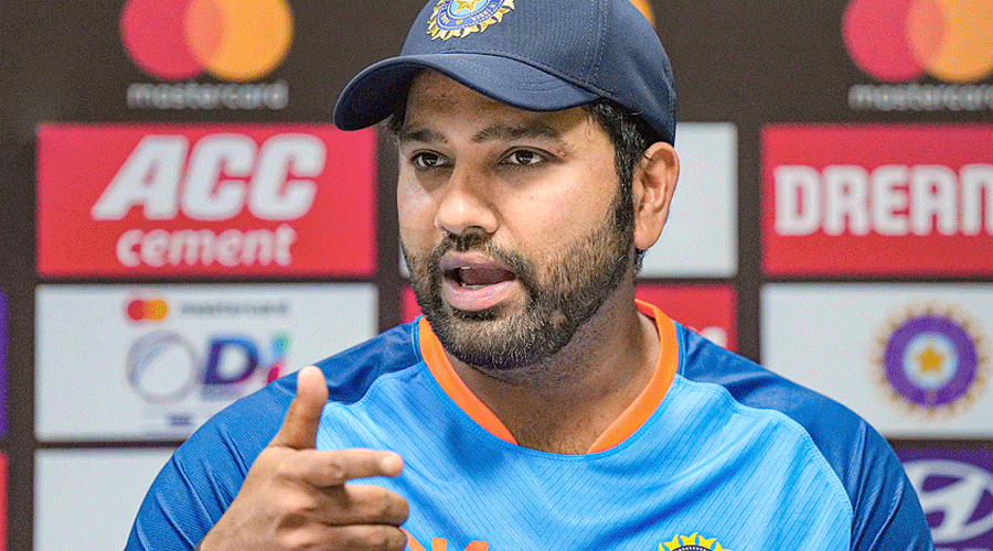 Captain Rohit Sharma at a news conference in Guwahati on Monday.