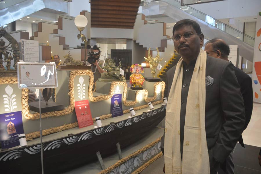 Arjun Munda, Union Minister, Tribal Affairs, at a stall at the Biswa Bangla Convention Centre where G20 meeting began on Monday