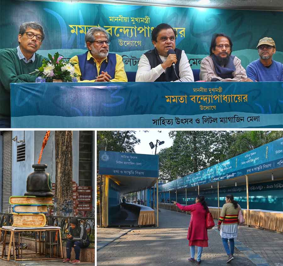 West Bengal education minister, Bratya Basu, and other dignitaries at a press conference for the five-day Sahitya Utsav and Little Magazine Fair scheduled from January 11. The event will take place at Ektara Mukta Mancha. Stalls and props are being set up at the venue