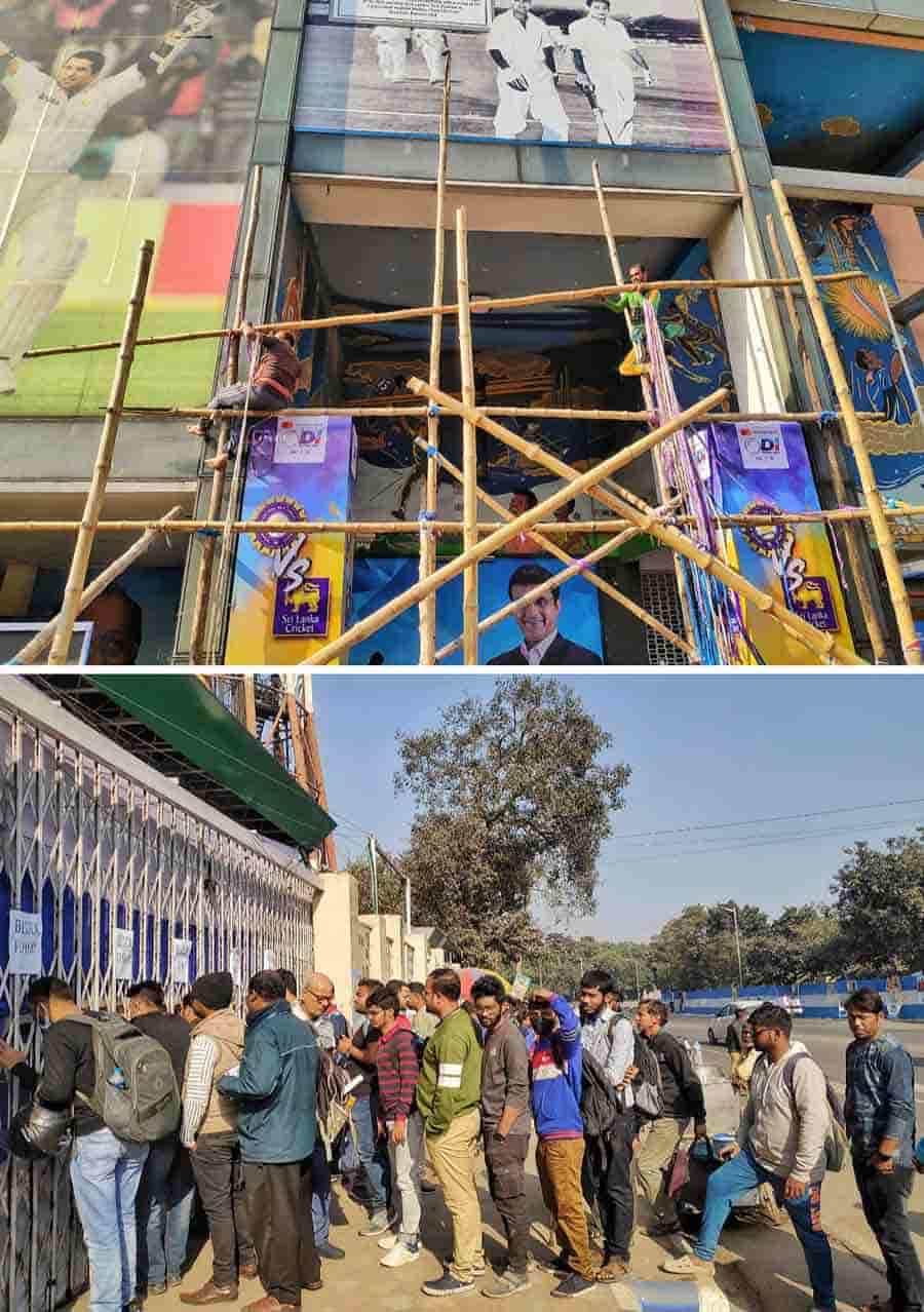 Preparations underway on Tuesday at Eden Gardens for the India-Sri Lanka ODI match scheduled on January 12. Cricket fans queue up at the ticket counter 