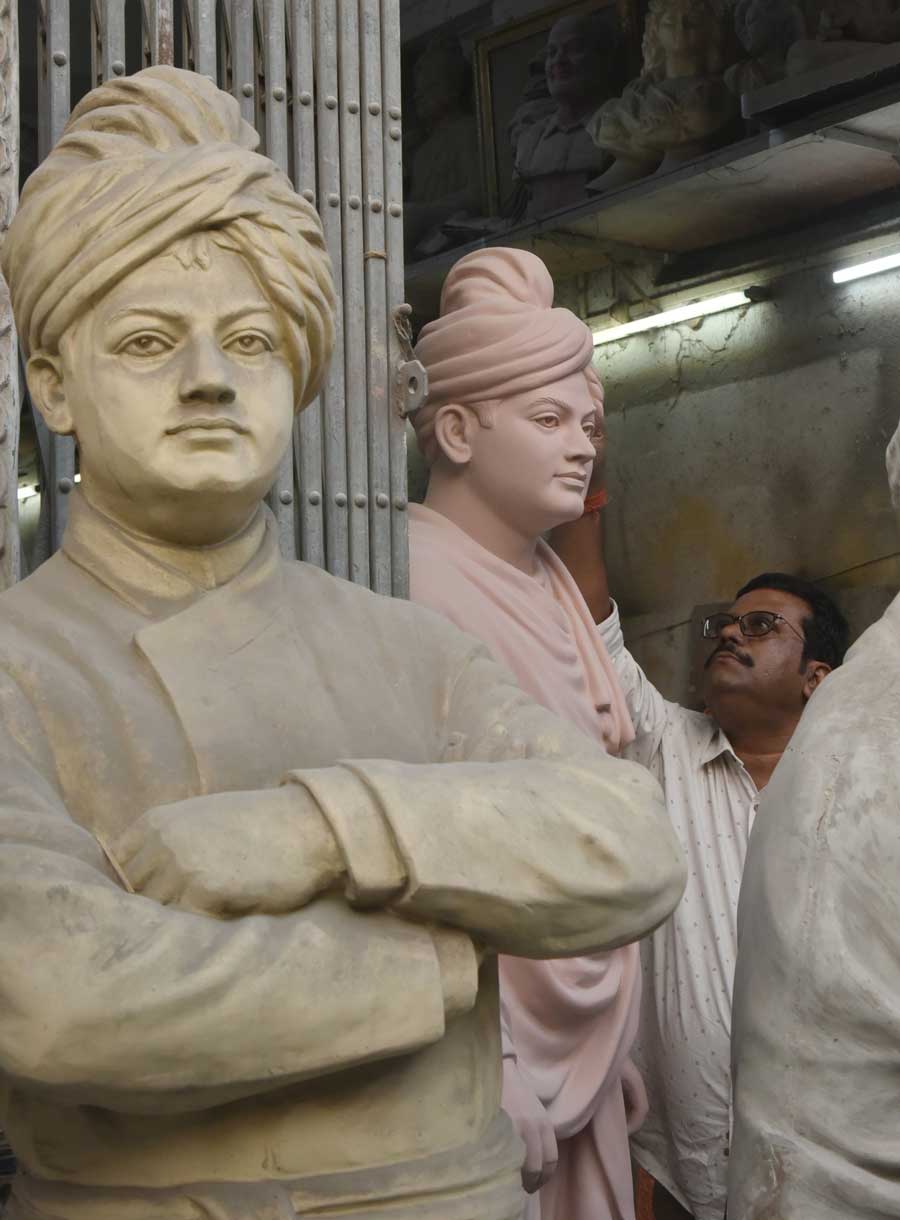 Artist Monti Paul lends finishing touches to a statue of Swami Vivekananda at Kumartuli ahead of swamiji’s birth anniversary on January 12. The day is celebrated as National Youth Day in India