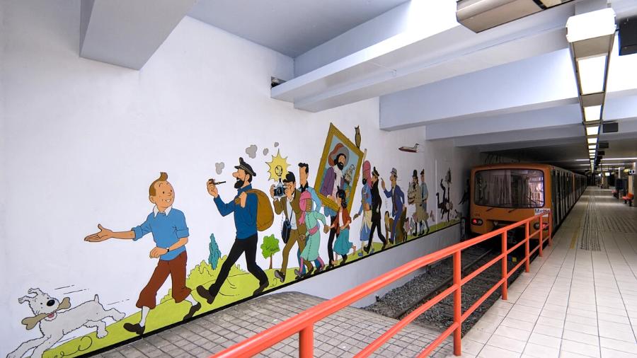 An end to end mural depicting 140 characters from the series and based on a sketch by the comic book creator Hergé at the Stockel metro station in Brussels