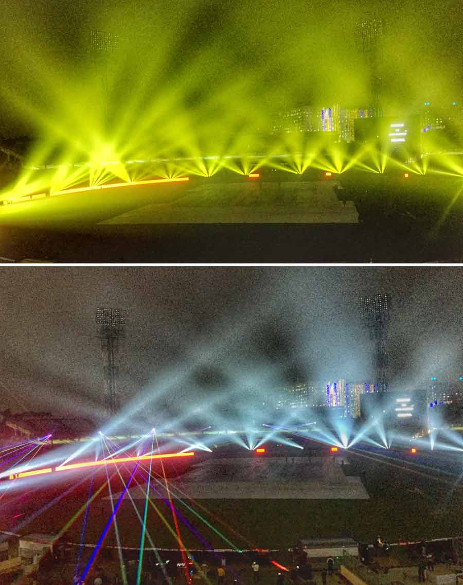Laser lights at Eden Gardens being tested before the ODI