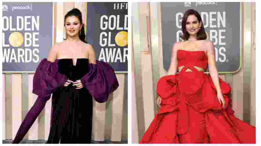 Dramatic drape: Selena Gomez stole the show in a beautiful Valentino off-shoulder outfit with exaggerated sleeves, slit and a train. She kept her updo non-messy with a neat pony and opted for delicate accessories. LILY JAMES was a ball of fire in a striking red Atelier Versace gown with cut-out and dramatic work around her waist. She accessorised her look with a string of diamonds on her neck and ears.