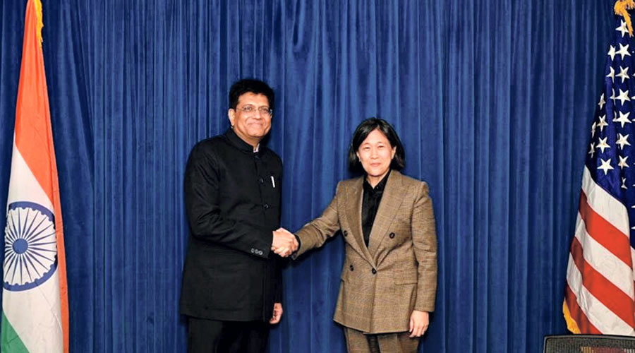 Union Commerce and Industry Minister Piyush Goyal with United States Trade Representative Katherine Tai during the 13th India-US Trade Policy Forum in Washington DC, USA on Wednesday.