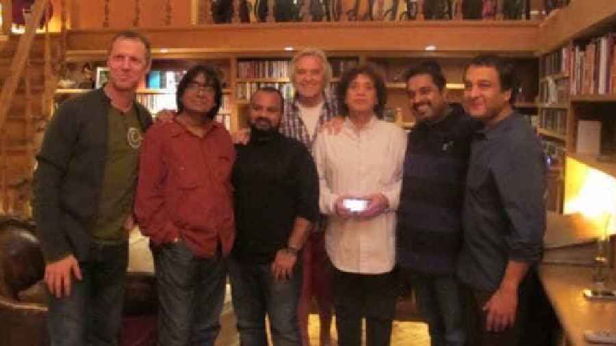 With Remember Shakti at John McLaughlin’s house after the last show with Mandolin Shrinivas in 2013