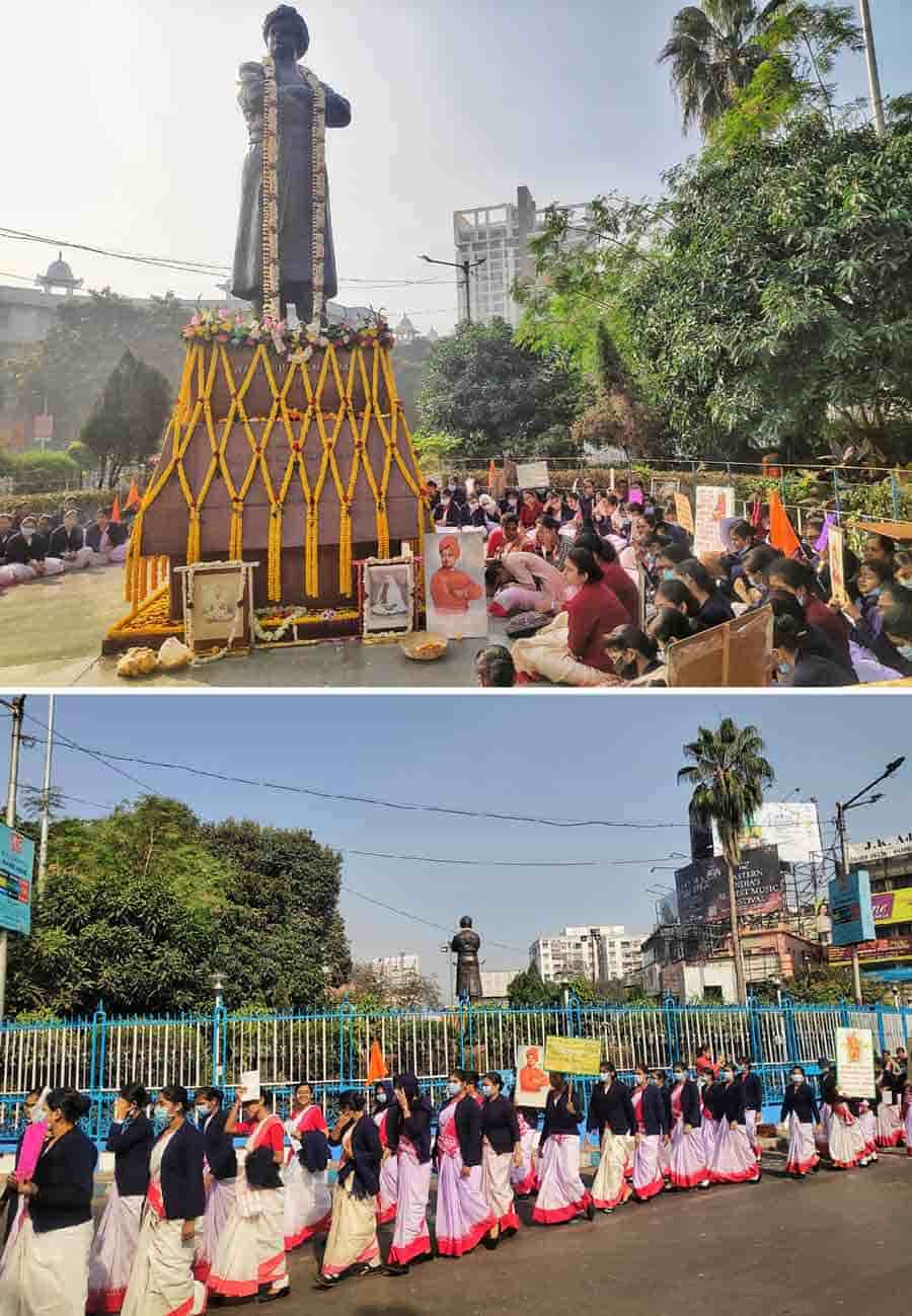 The morning of January 12 witnessed the enthusiastic celebration of Swami Vivekananda’s 161st birth anniversary at various spots in the city. Seen in picture (top) are followers who gathered in front of Ramakrishna Mission, Golpark to pay their tribute to the venerated Indian monk and philosopher. Born on January 12, 1863, and named Narendranath Datta, Swami Vivekananda is celebrated as an icon of youth empowerment, his progressive views on religion and spirituality and unconditional love for and service to the masses. Swami Vivekananda is also known as one of the chief disciples of Sri Ramakrishna. (Bottom) Students of Ramakrishna Sarada Mission observed the day with a procession and placards with Swami Vivekananda’s teachings