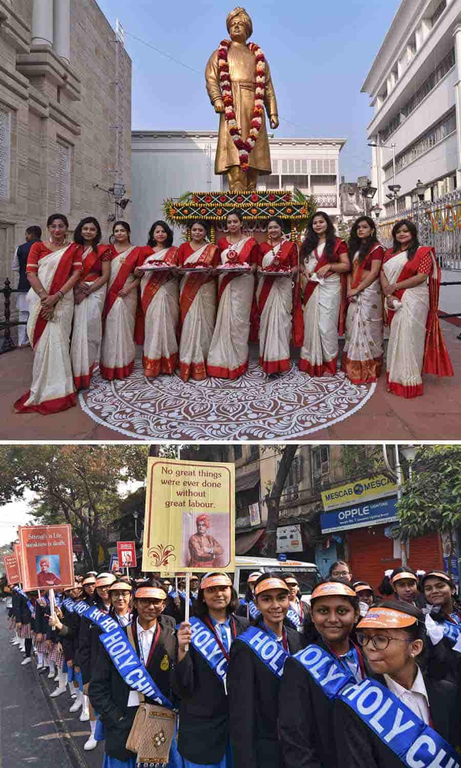 (Top) Swami Vivekananda’s statue at his ancestral home in north Kolkata decorated with flowers and garlands. (Bottom) School students take part in a procession as part of the celebrations