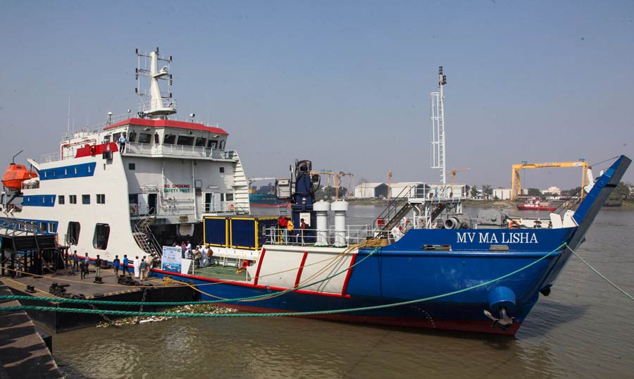 Cooperative Republic of Guyana-bound ocean-going passenger and cargo ferry vessel MV MA Lisha during its flag-off ceremony in Kolkata on Thursday