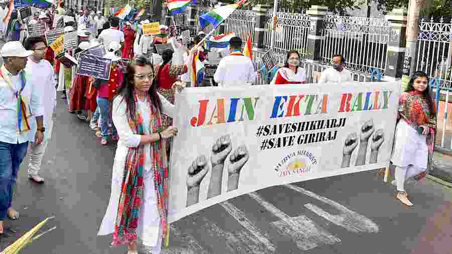 A rally, demanding a ban on tourism at the Parasnath Hills in Jharkhand, by members of the Jain community on Sarat Bose Road on Thursday morning.