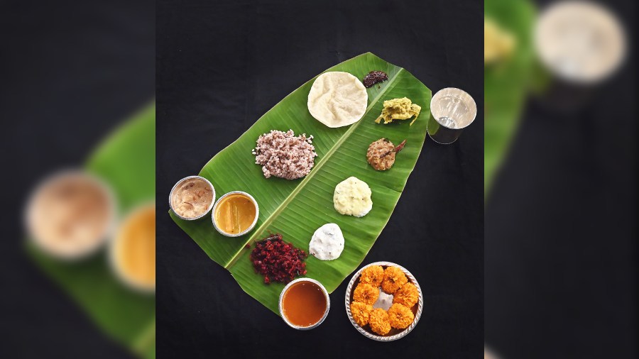 The sadhya spread laid out by chef Marina Balakrishnan at Hyatt Regency Kolkata