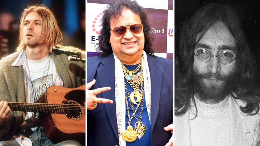 (L-R) Kurt Cobain, Bappi Lahiri and John Lennon — some of the inspirations for the band