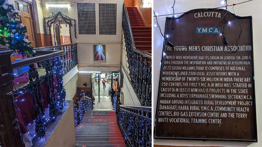 The building’s old staircase and a plaque about the YMCA