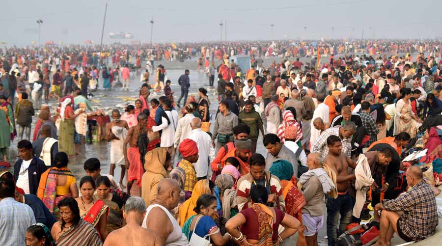 A glimpse of the sea of devotees who have come to attend Gangasagar Mela this year
