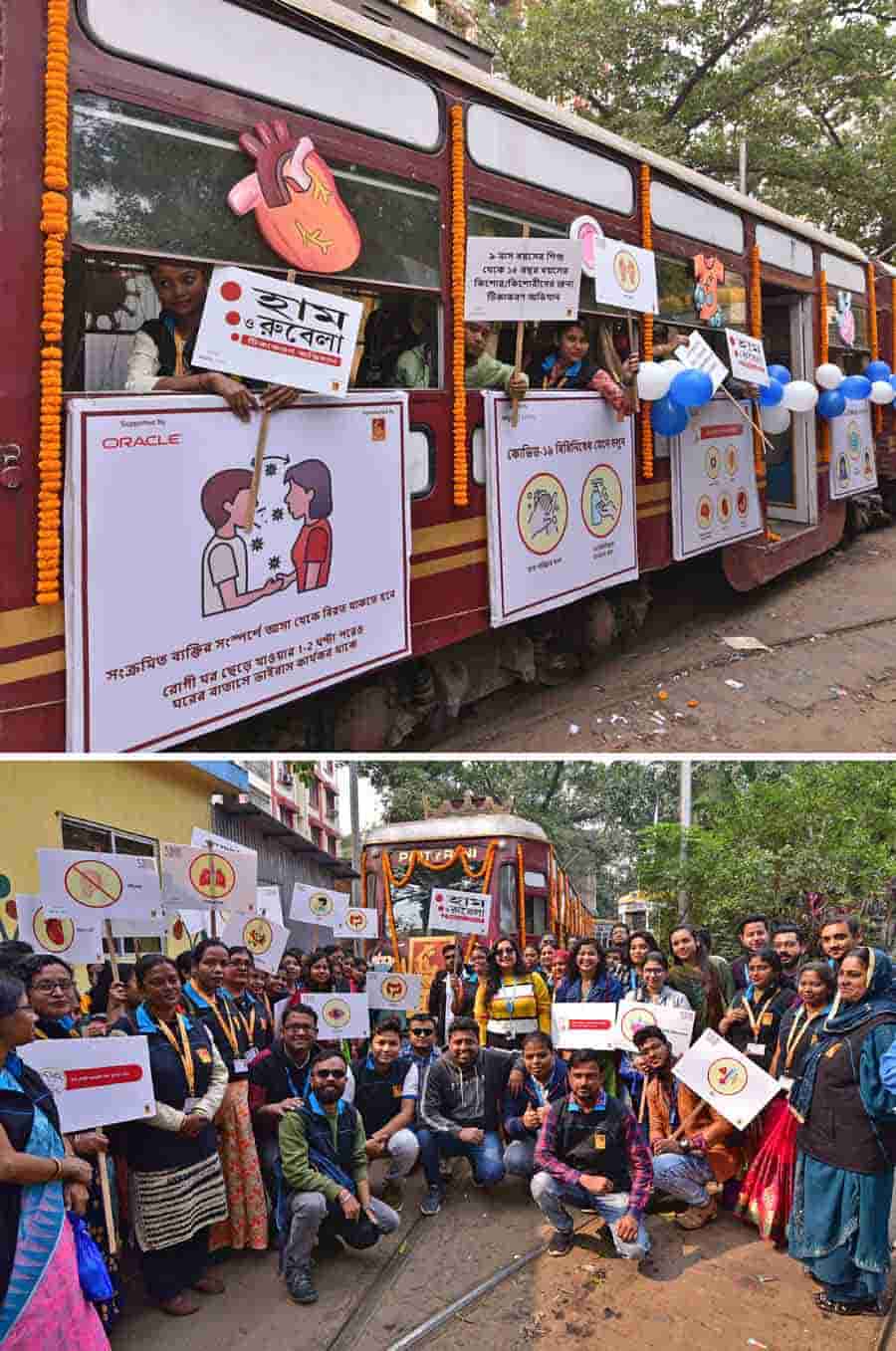 A tram show from Gariahat to Esplanade was organised to raise awareness about measles and rubella vaccination on Saturday