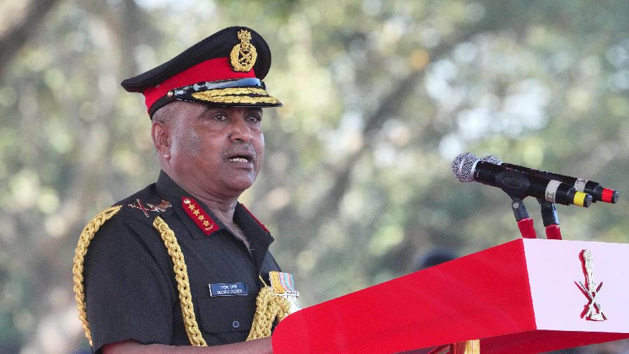 Chief of Army Staff General Manoj Pande addresses the 75th Army Day celebrations at Govinda Swamy Parade Ground in Bangalore, Sunday, Jan. 15, 2023.
