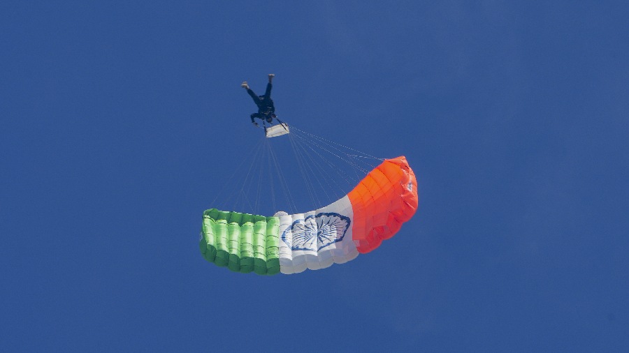 An Indian Army's paratrooper displays his skills. 