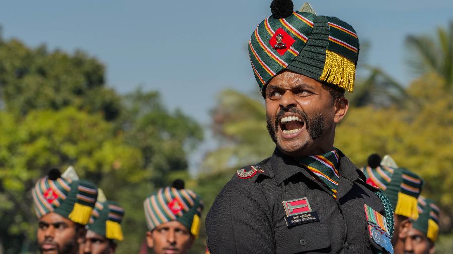  A member of a contingent of Army's Madras Regiment marches past during the 75th Army Day celebrations at Govinda Swamy Parade Ground. 