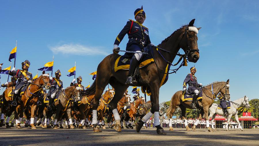 A contingent of Army's Cavalry Regiment marches past during the 75th Army Day celebrations. 