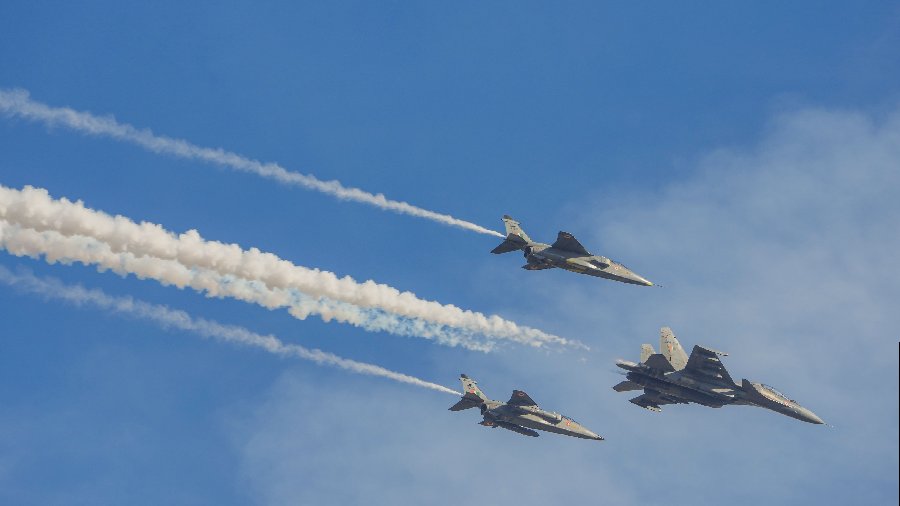 Army helicopters fly-past during the 75th Army Day celebrations at Govind Swamy Parade Ground in Bangalore.
