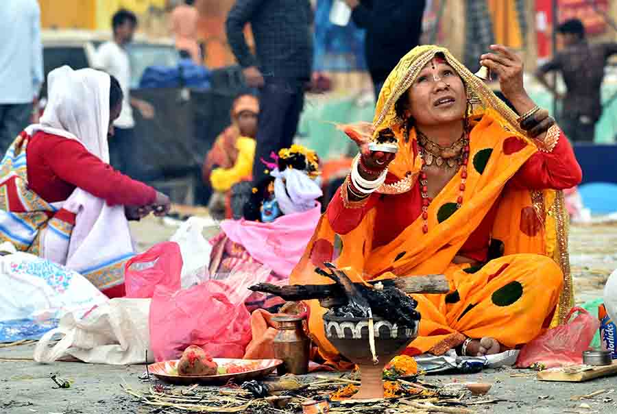 A devotee in the middle of a ritual. ‘E-darshan’ was also offered to devotees who wanted to watch the puja at Kapil Muni Ashram. Over 60 lakh people registered for the service