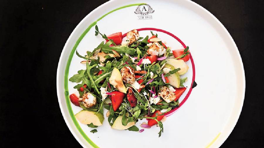 Strawberry Feta Salad: Caramelised feta cheese meets tart strawberries, green apples and walnuts. The spicy maple and lime drizzle binds all the flavours together.