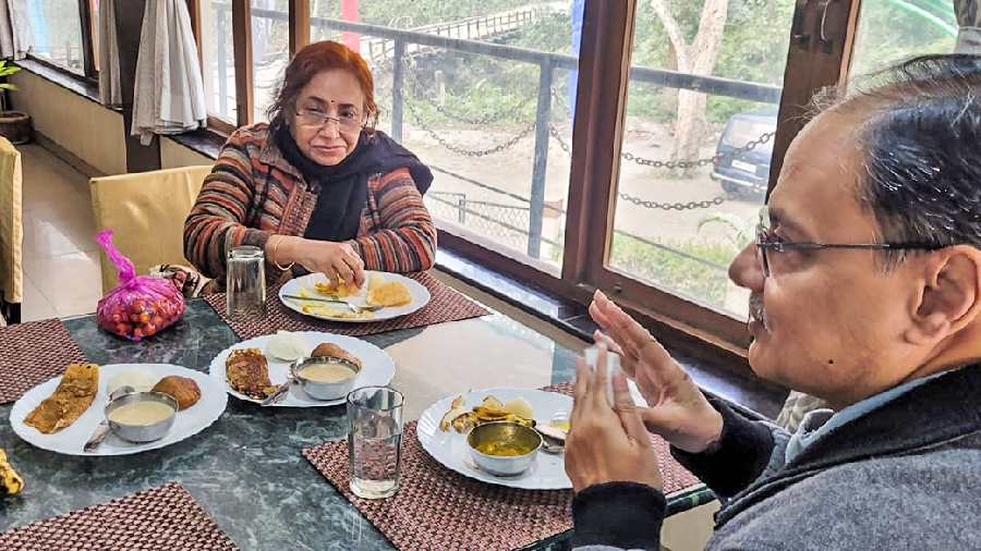 The NRI couple from Australia, enjoying the delicacies at the tourist lodge in Madarihat of Alipurduar on Sunday