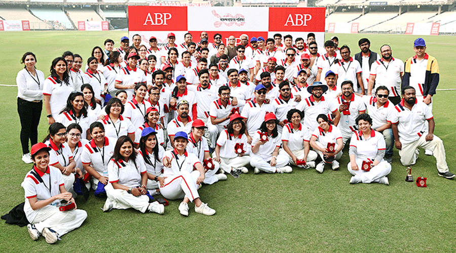 Participants of the ABP Annual Cricket matches at Eden Gardens on Sunday.
