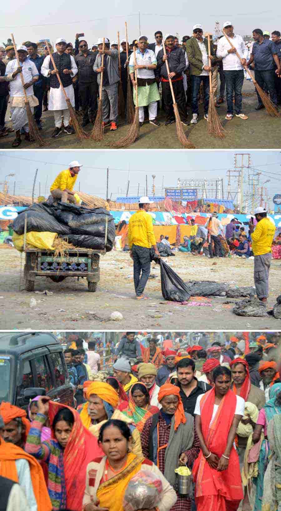 Cleaning spree at Gangasagar Mela venue after the mega event concluded. (Bottom) Pilgrims on their way back on Monday 