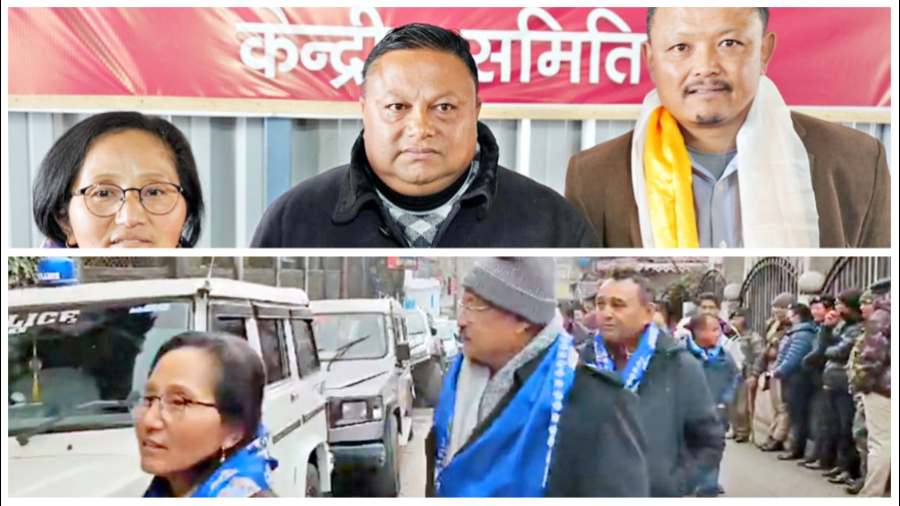 BGPM president Anit Thapa (centre) with Darjeeling municipality chairman Dipen Thakuri (right) and vice-chairperson Prativa Rai (left) at Darjeeling on Monday (left); BGPM’s councillors enter Darjeeling municipality on Monday