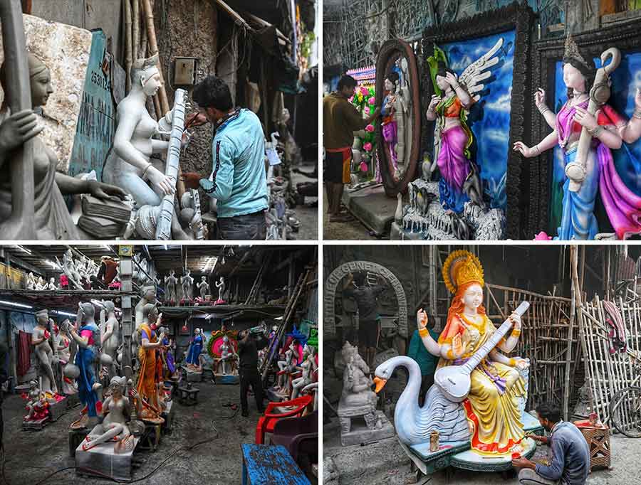This year, Saraswati Puja will be observed on January 26 and Kumartuli artisans are a busy lot giving finishing touches and ferrying idols to customers. According to the Hindu calendar, Saraswati Puja is celebrated on Magh Shukla Panchami and is called Basant Panchami