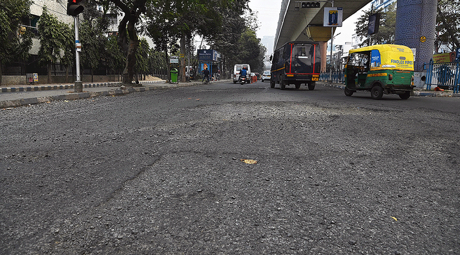 A battered road near the Karunamoyee bus stand.