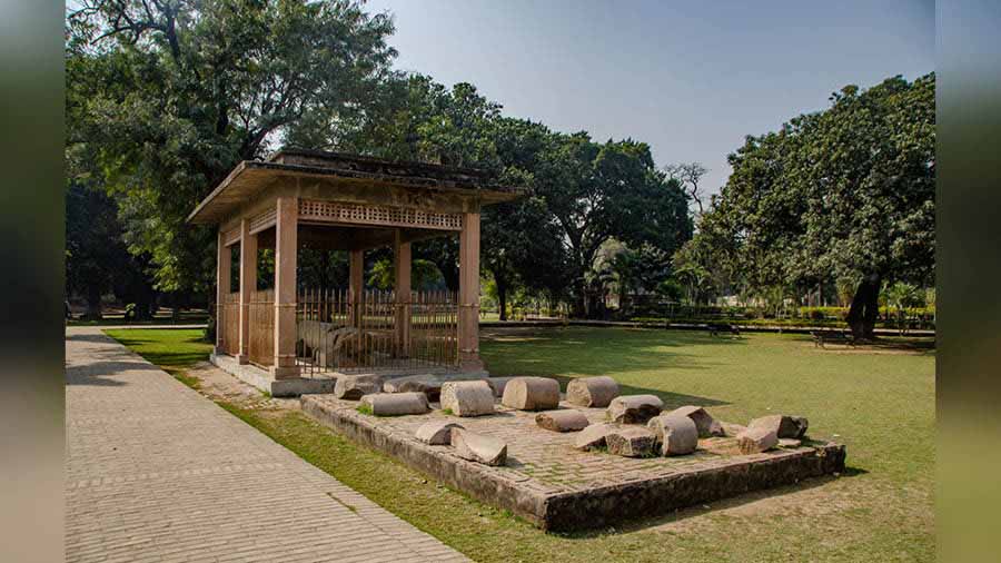 Fragments of stone pillars from the Eighty Pillared Hall kept for display at Kumhrar Park