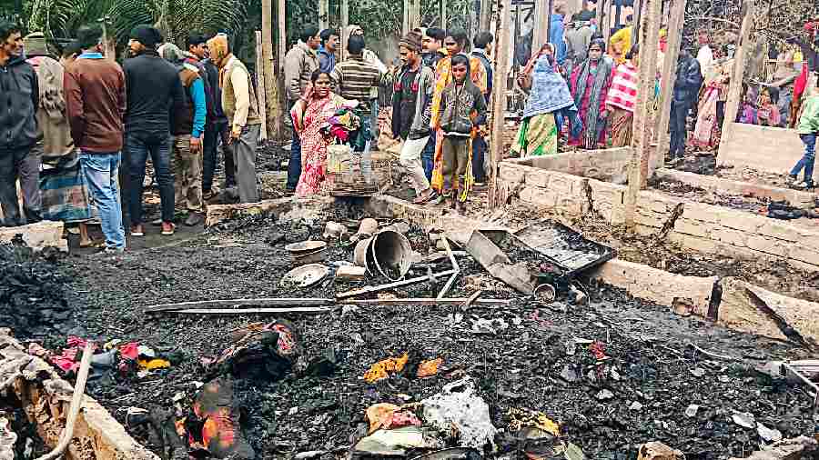 Remains of the huts razed to the ground near Mecheda railway station in East Midnapore district on Wednesday