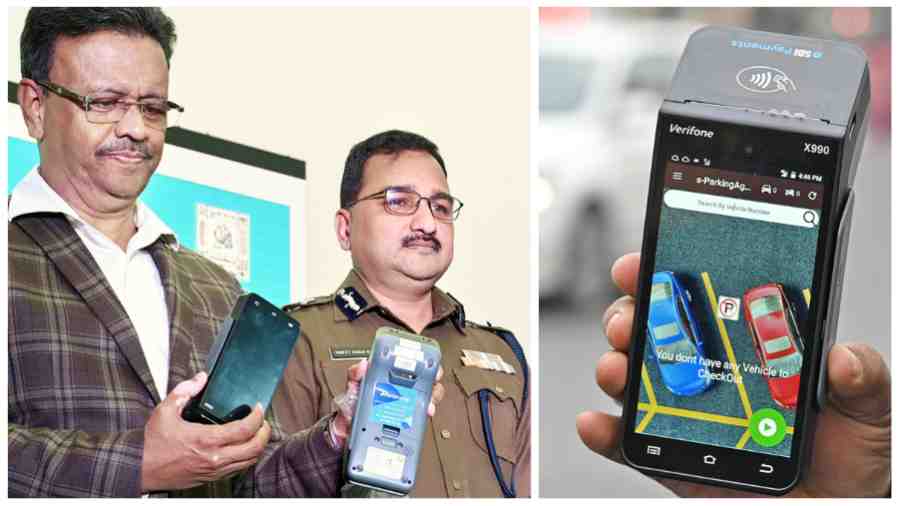 Mayor Firhad Hakim and (right) police commissioner Vineet Goyal at the distribution of point of sales machines among parking agencies in front of The Oberoi Grand on Wednesday; (right) one of the point of sales machines. 